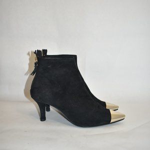 $600 AGL SILVER METAL CAP TOE POINTY SUEDE HEEL SOCK BOOTIE BLACK 38 (D9)